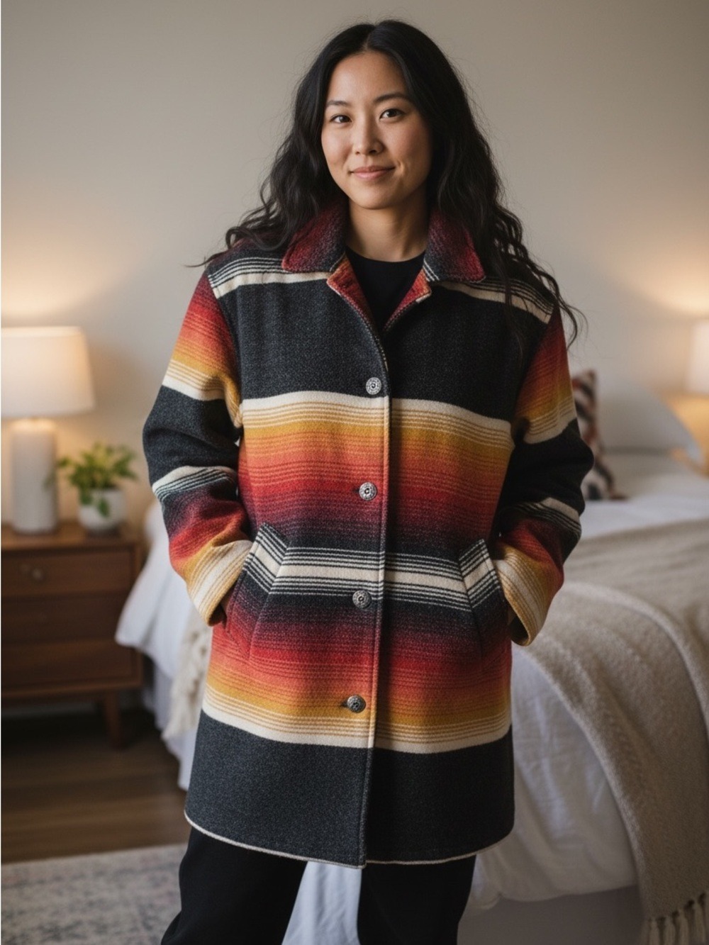 Woolrich Vintage 80’s Women’s Sundance Stripe Wool Blend Blanket Coat Size L EUC